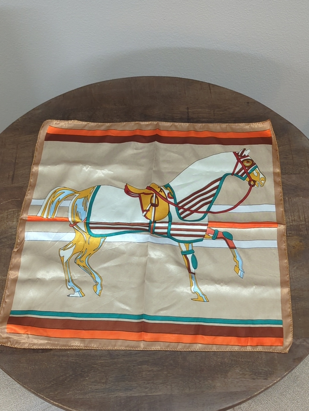 Equestrian Silk Scarf with Horse Motif - Beige, Gold, Orange, Teal